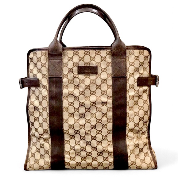 M GUCCI GG Monogram Brown Leather Rolled Top Handle Oversized Laptop Tote Bag - Picture 17 of 17